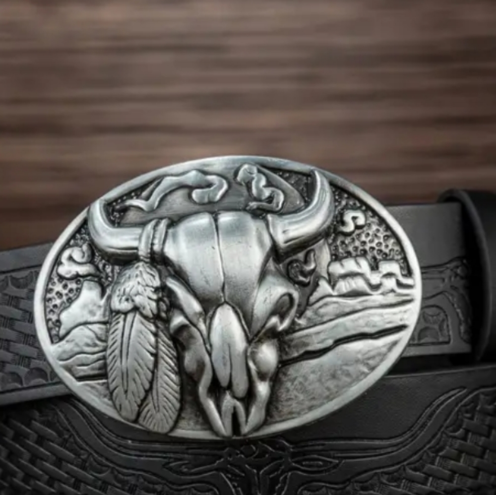 Native American feathers and bull steer belt buckle approximately 3.75